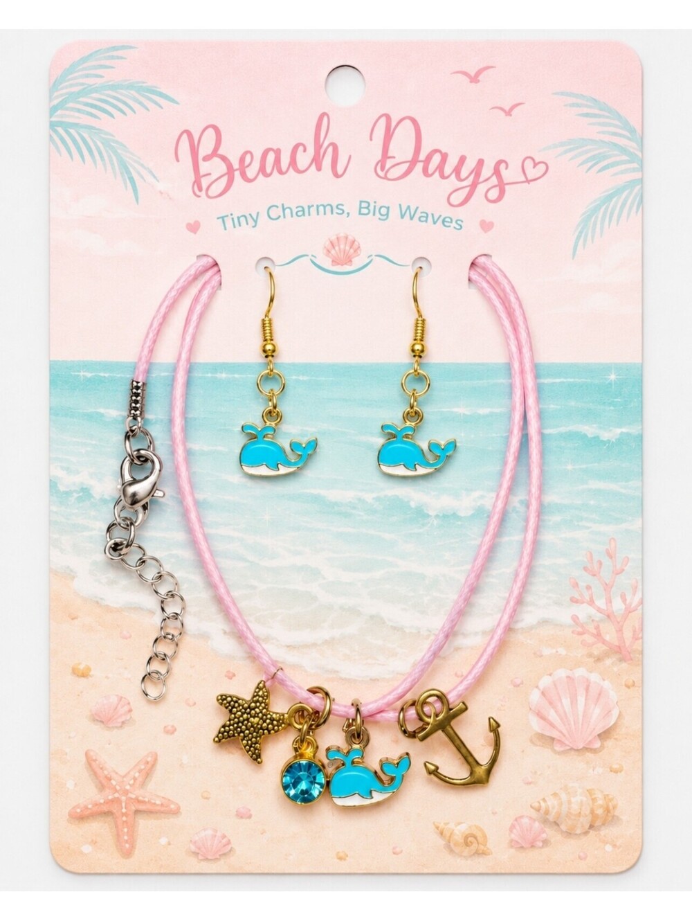 Beach Nautical Starfish Anchor Whale Necklace & Earring Jewelry Set